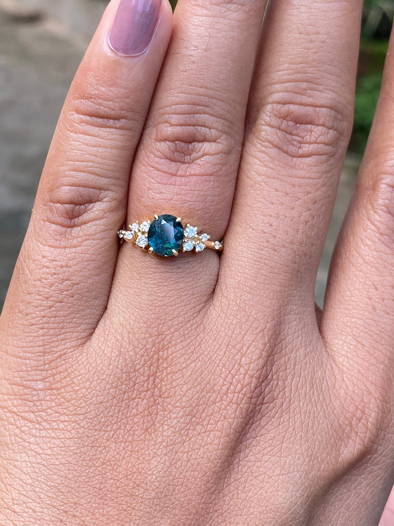 Oval Blue Green Sapphire Diamond cluster Ring 14K Solid Gold