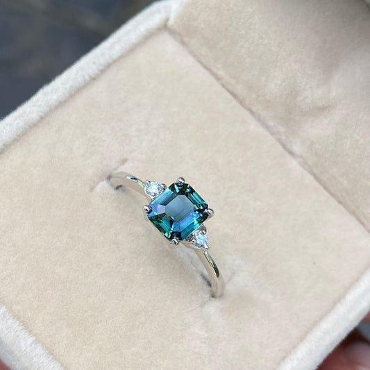 Teal Sapphire three stone Engagement ring 14K White Gold