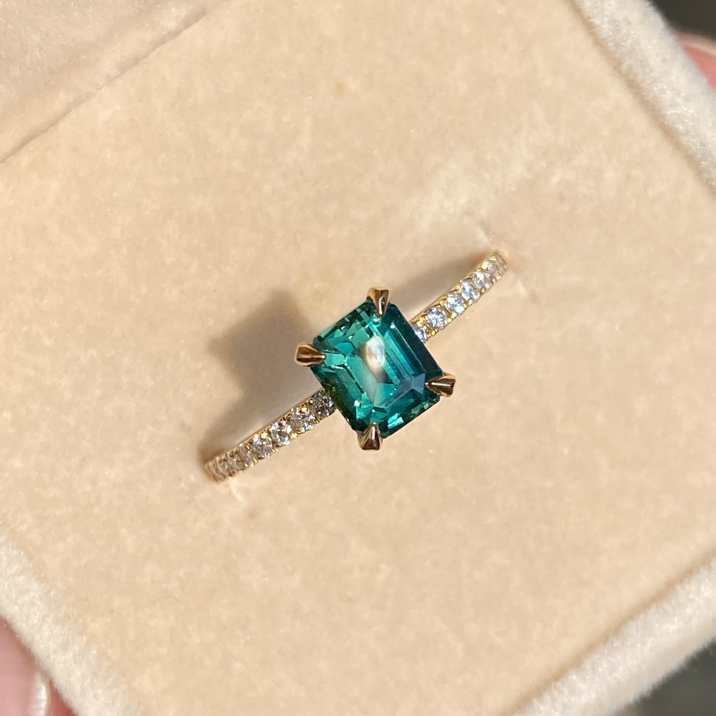 Natural Teal Sapphire Diamond Pave band Engagement Ring