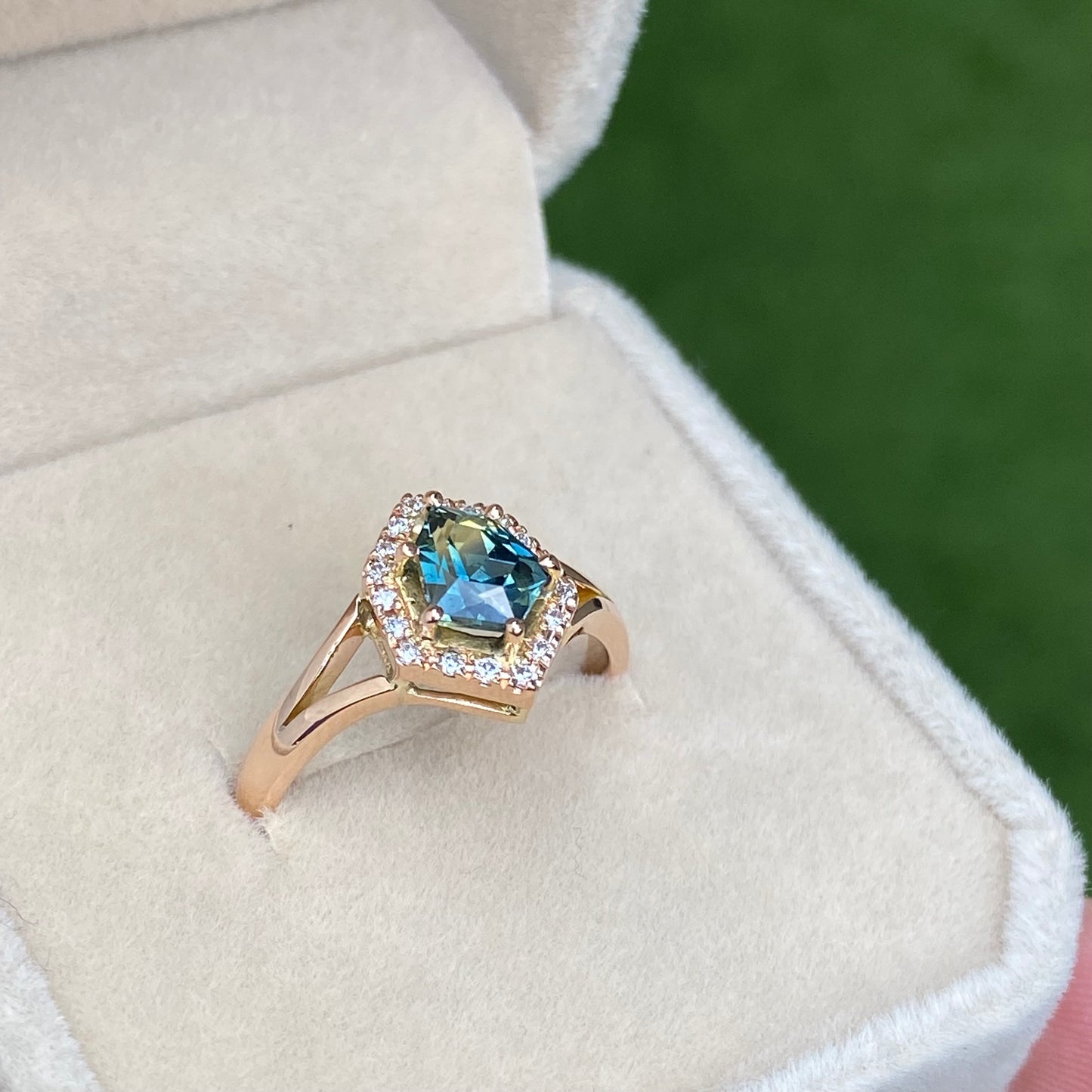 Teal Sapphire Engagement Ring, 14K Rose gold Diamond halo Ring