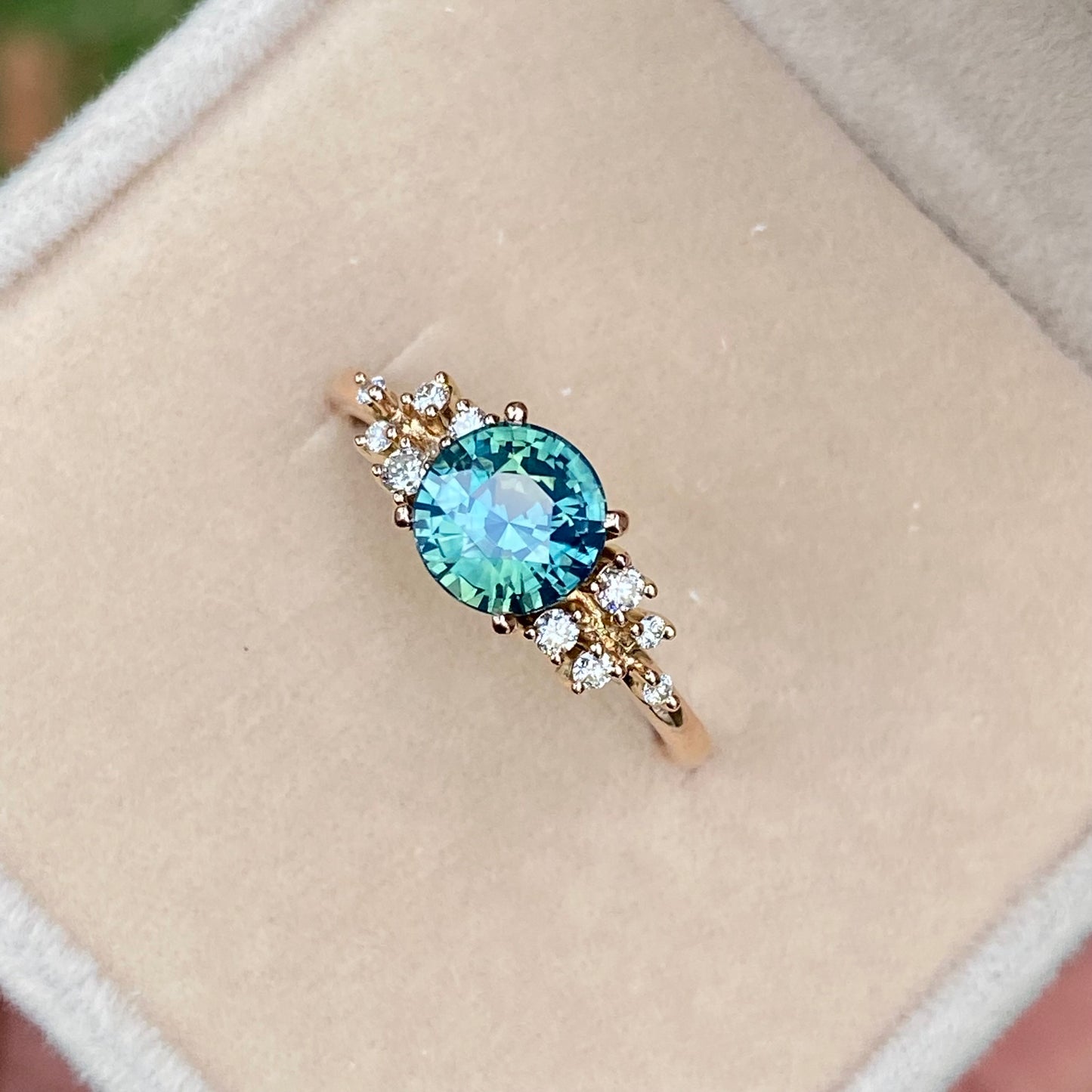 ISARA Round Teal Sapphire Ring 14K Rose Gold, Green Sapphire Engagement Ring