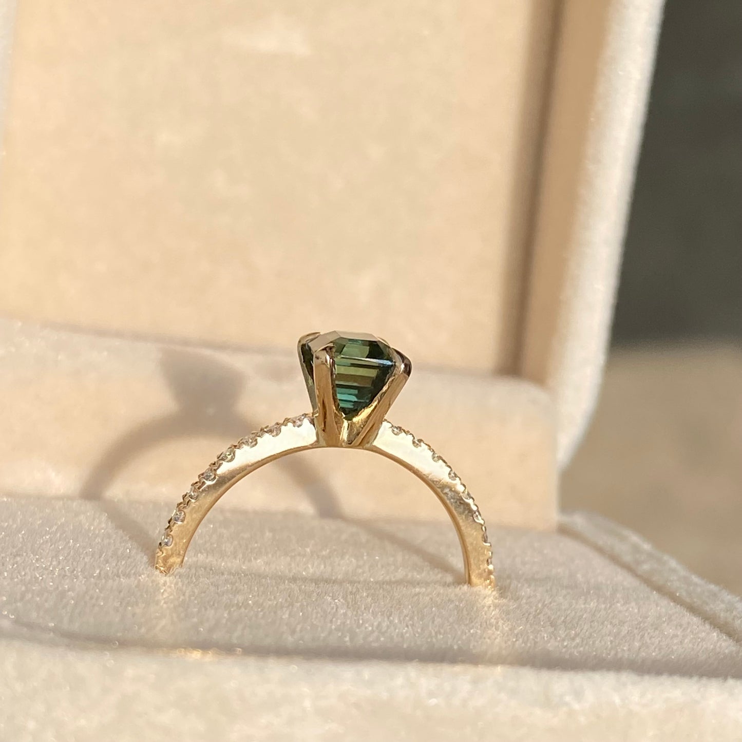 Natural Teal Sapphire Diamond Pave band Engagement Ring