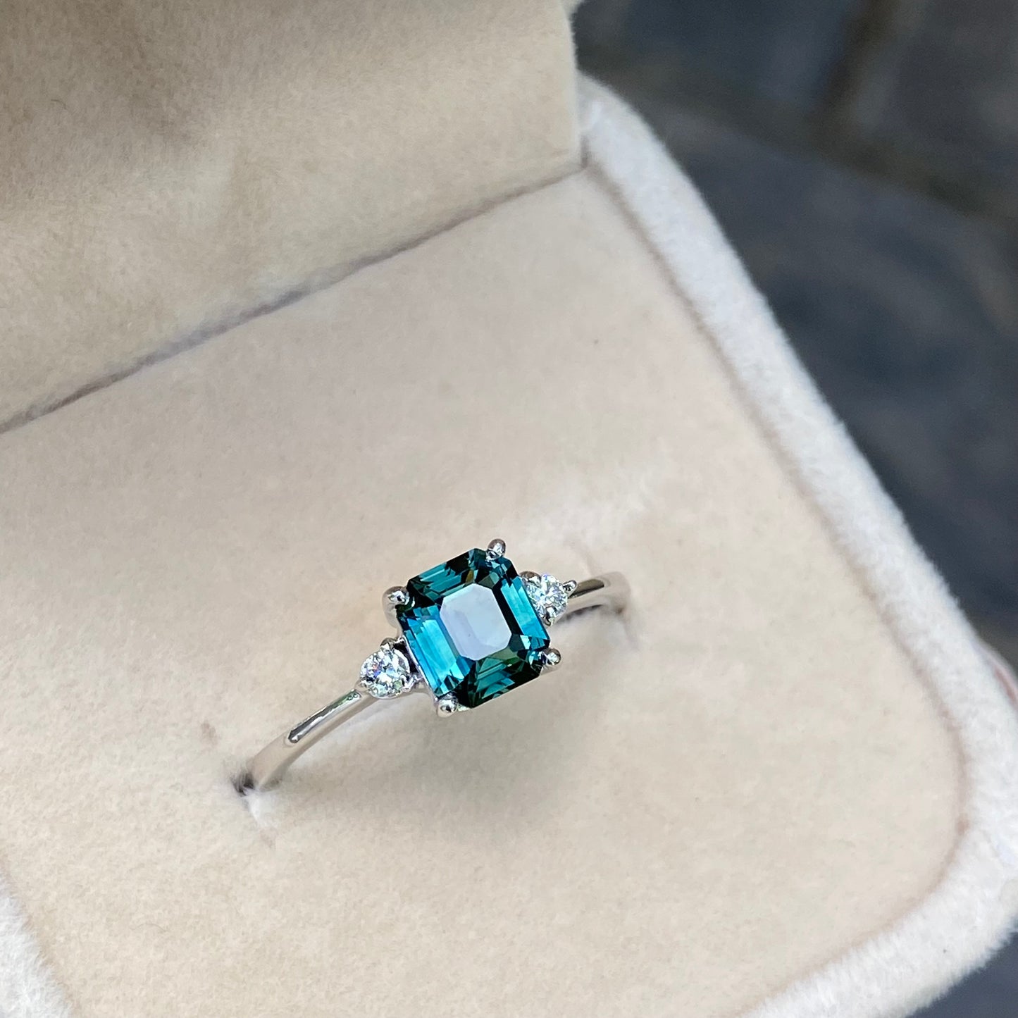 Teal Sapphire three stone Engagement ring 14K White Gold