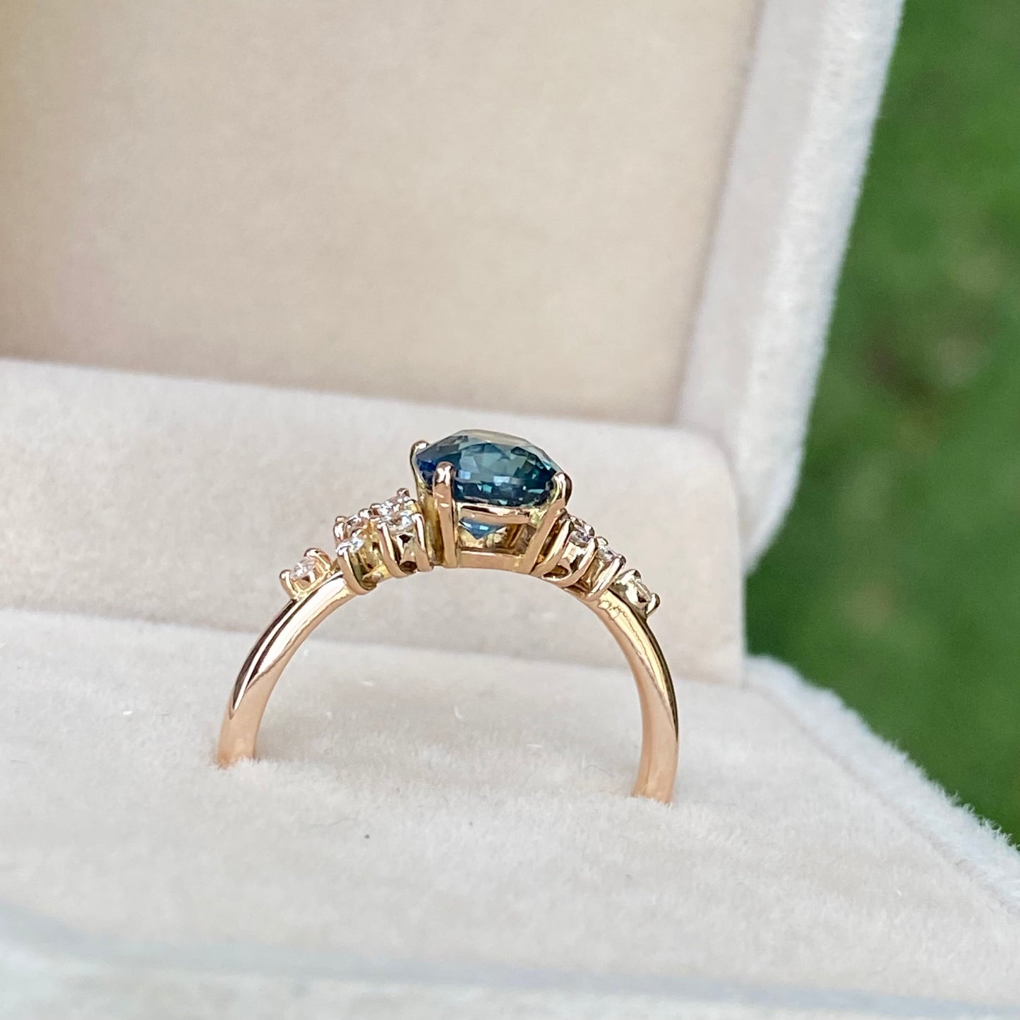 ISARA Round Teal Sapphire Ring 14K Rose Gold, Green Sapphire Engagement Ring