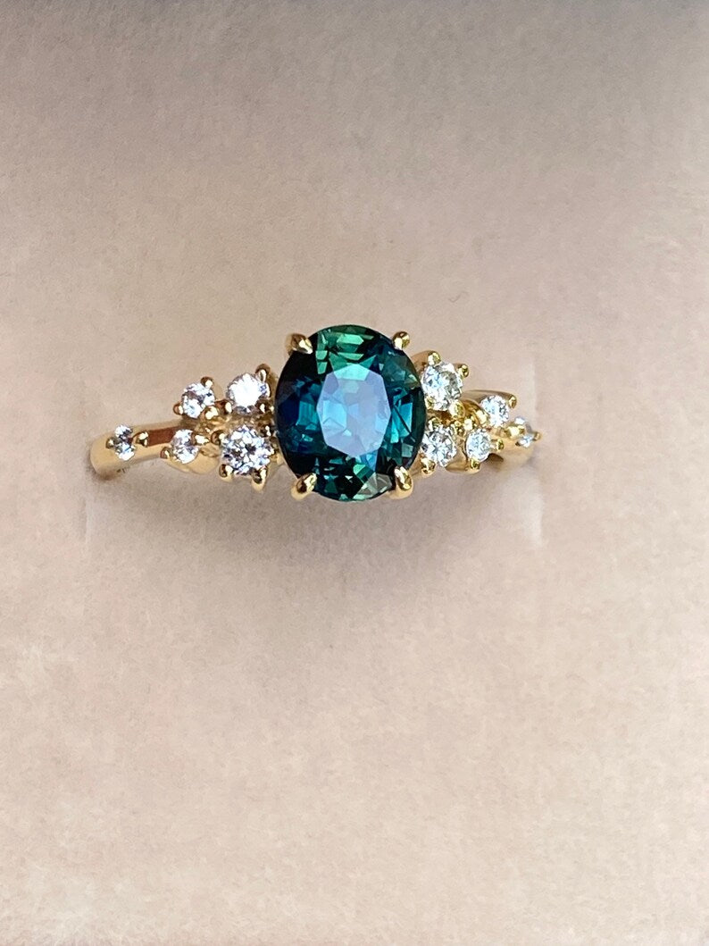 Oval Blue Green Sapphire Diamond cluster Ring 14K Solid Gold
