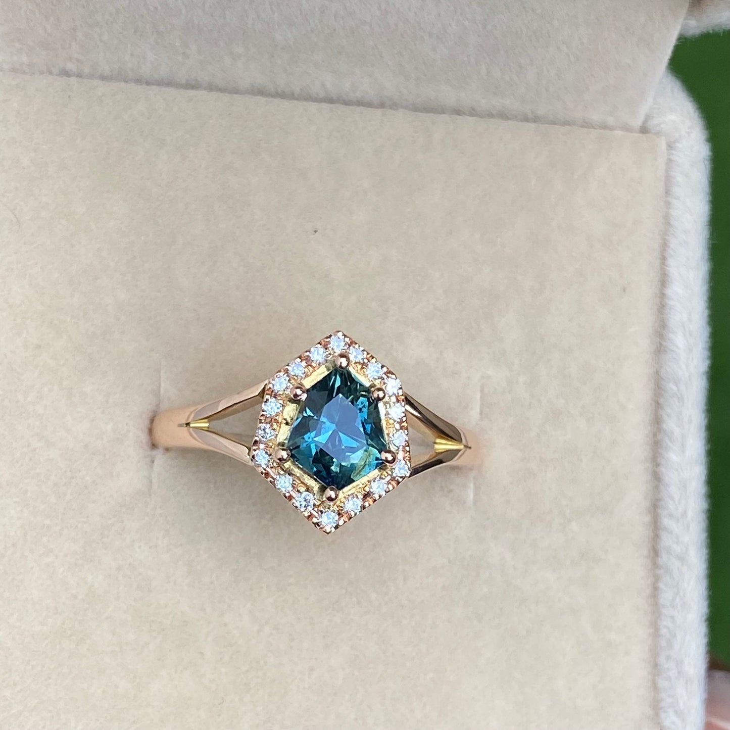 Teal Sapphire Engagement Ring, 14K Rose gold Diamond halo Ring