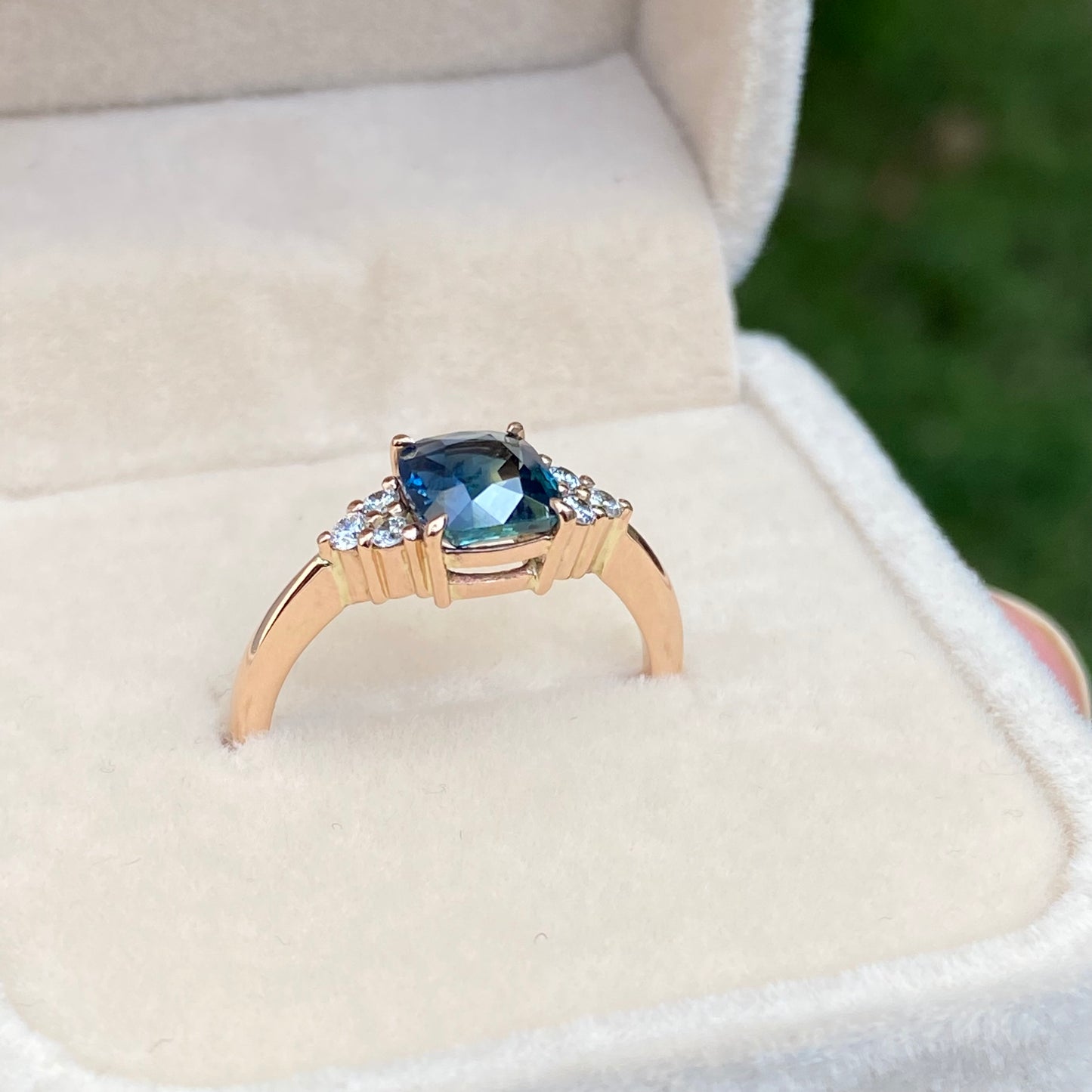 Cushion Cut Teal Sapphire Engagement Ring, Blue Green Sapphire ring