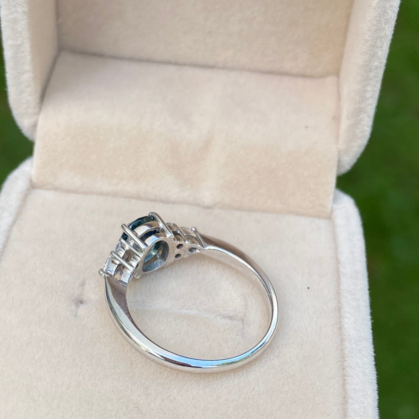 Oval Teal Sapphire Engagement Ring 14K White Gold, Blue Green Sapphire Ring