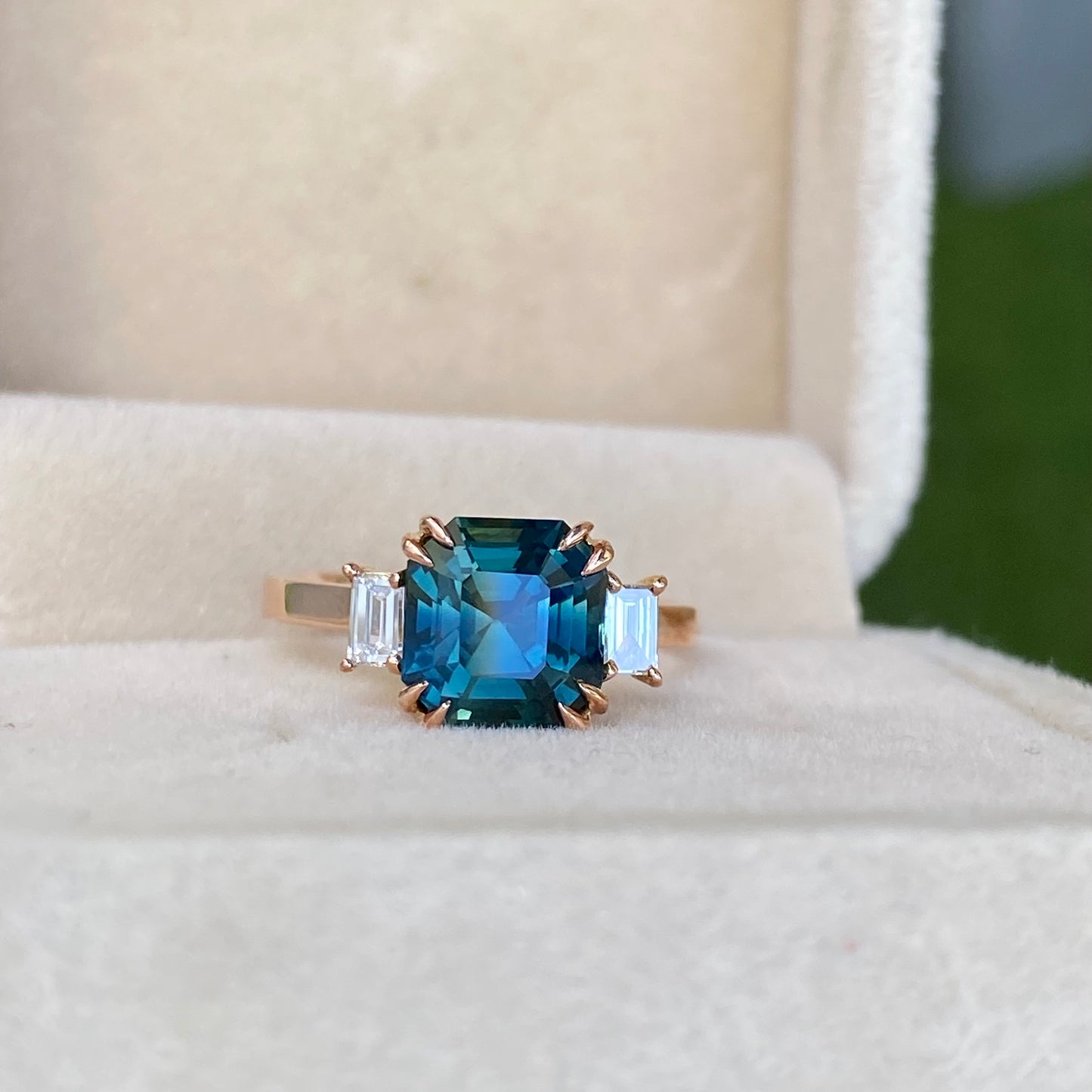3 carat Teal Sapphire Ring, Baguette Diamond Three Stone Engagement Ring
