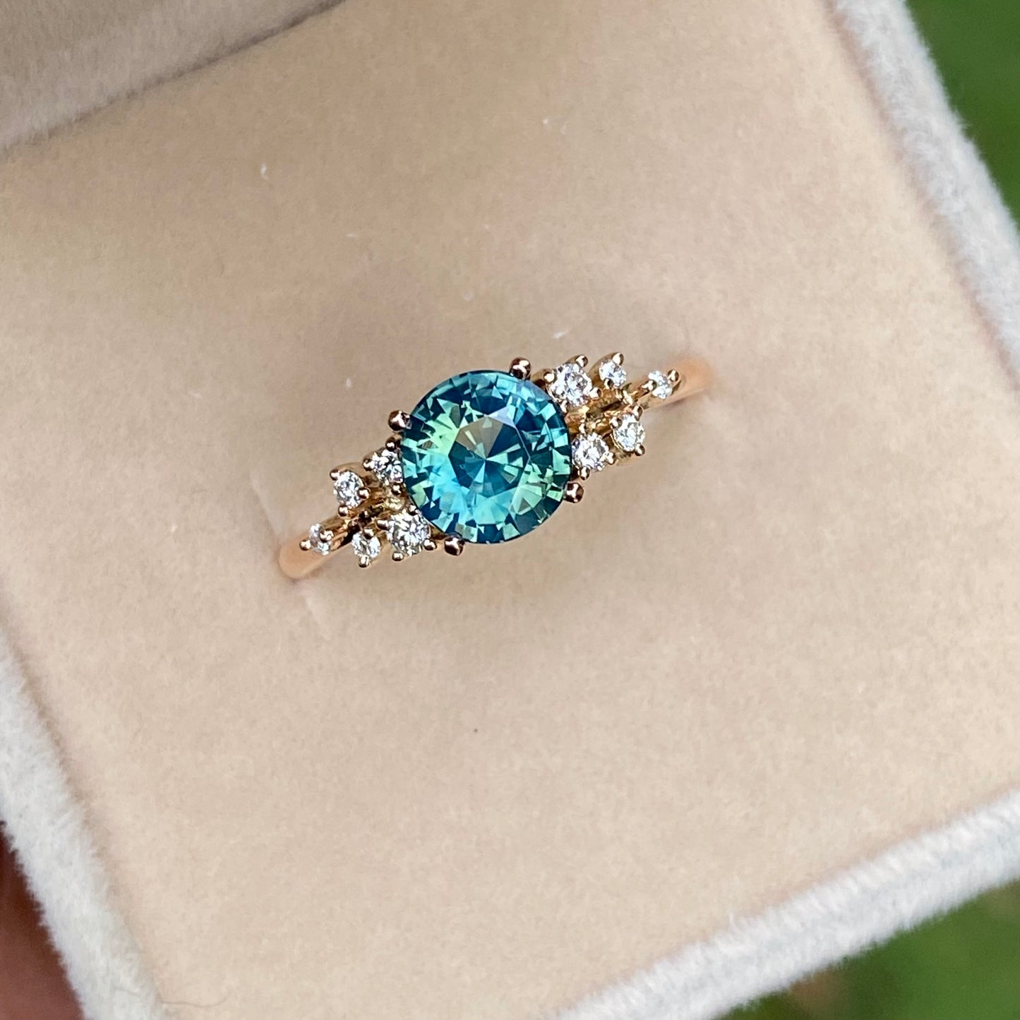 ISARA Round Teal Sapphire Ring 14K Rose Gold, Green Sapphire Engagement Ring
