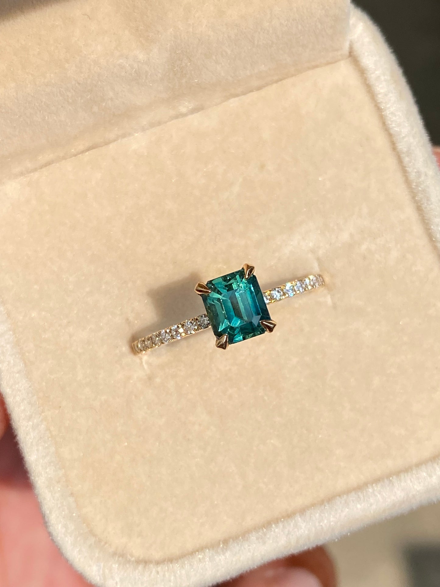 Natural Teal Sapphire Diamond Pave band Engagement Ring