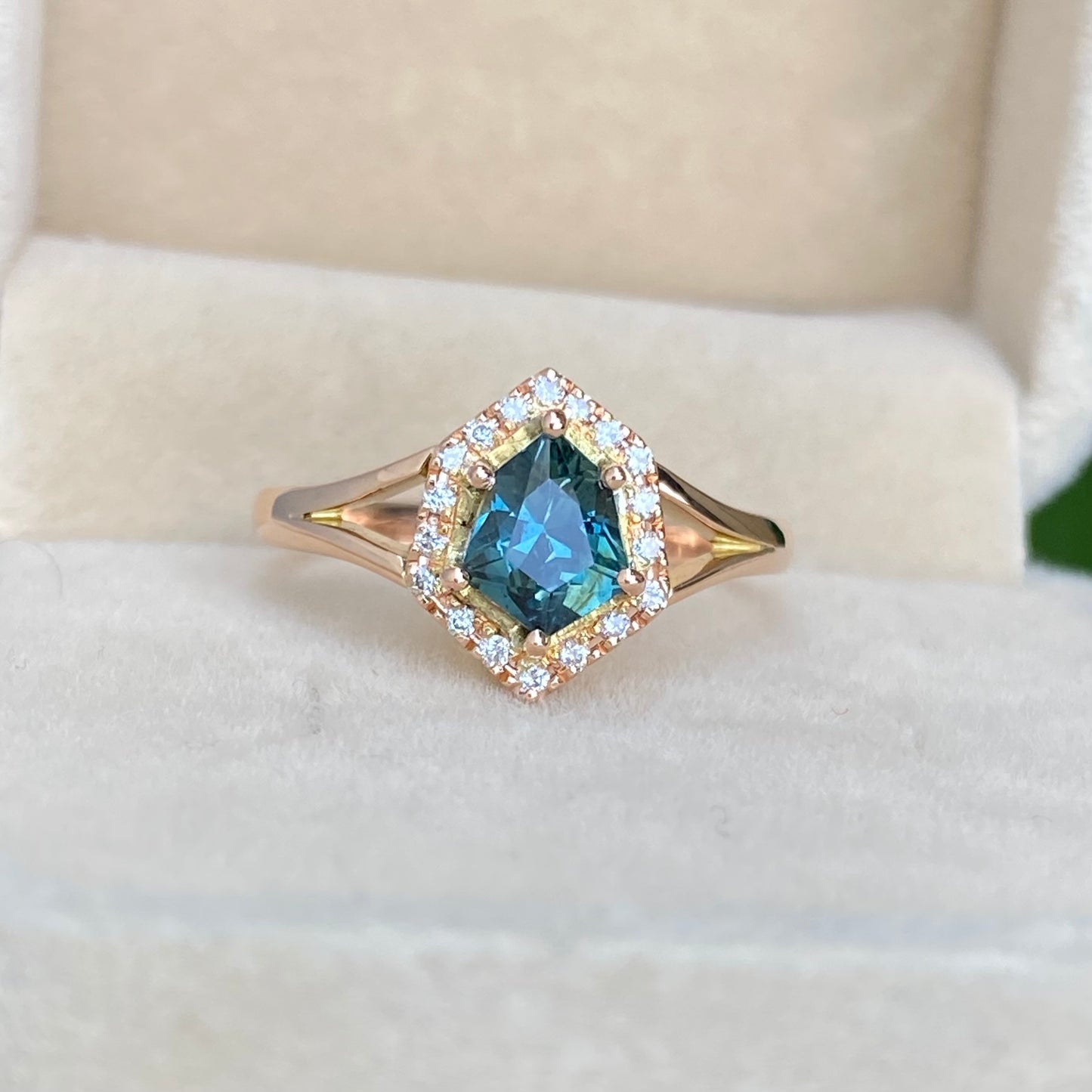 Teal Sapphire Engagement Ring, 14K Rose gold Diamond halo Ring