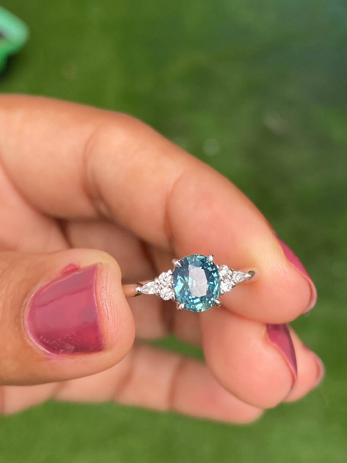 Oval Teal Sapphire Engagement Ring 14K White Gold, Blue Green Sapphire Ring