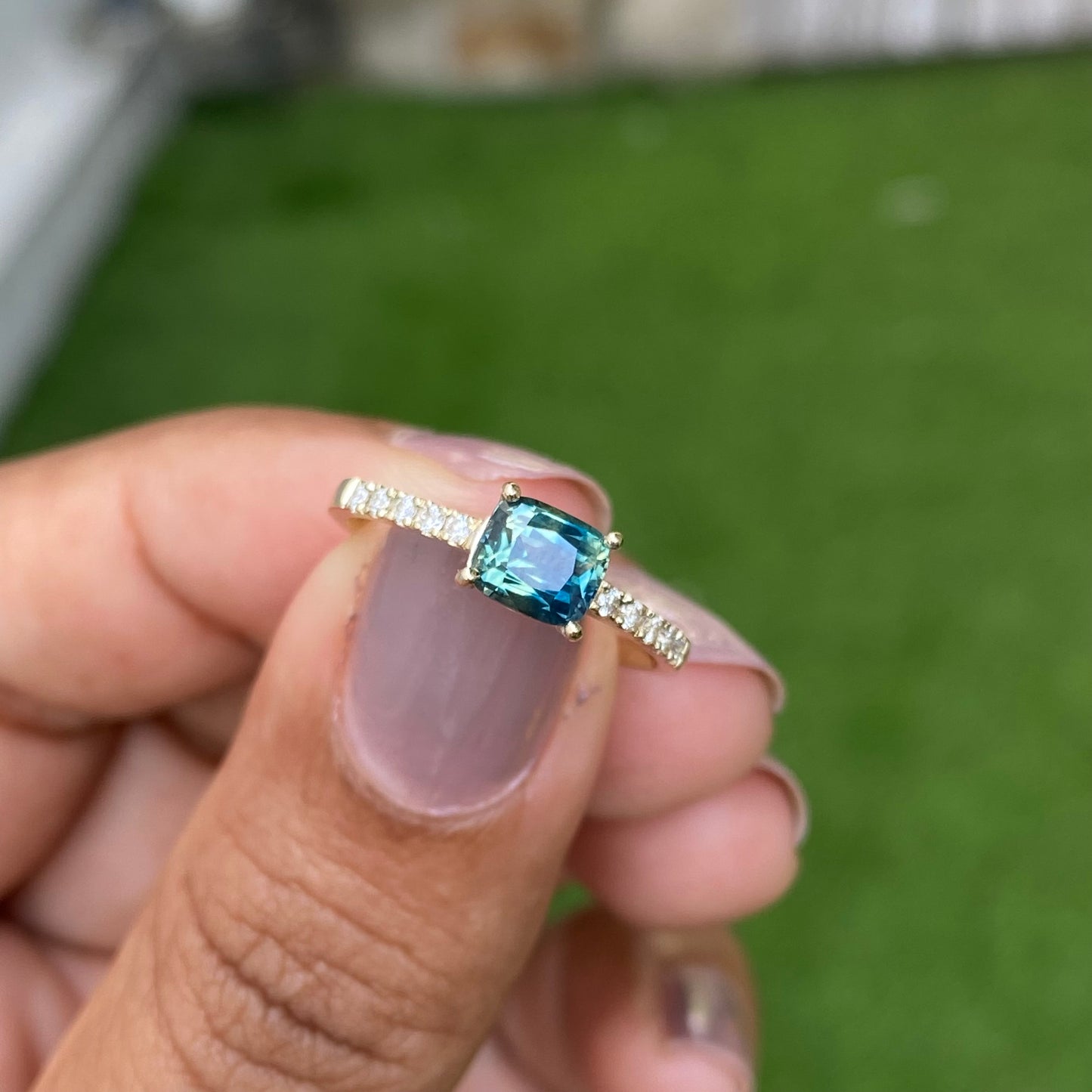 East West Parti Sapphire Engagement Ring 14K Rose Gold / Teal Sapphire Engagement Ring