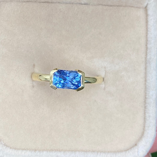 Ceylon Blue Sapphire Ring / East West Engagement Ring / Half Bezel Ring, Natural Blue Sapphire