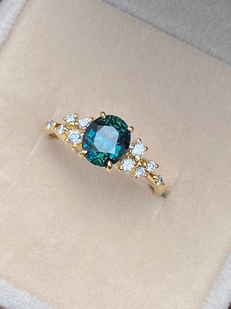 Oval Blue Green Sapphire Diamond cluster Ring 14K Solid Gold