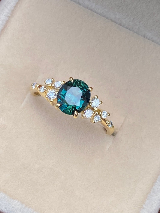 Oval Blue Green Sapphire Diamond cluster Ring 14K Solid Gold