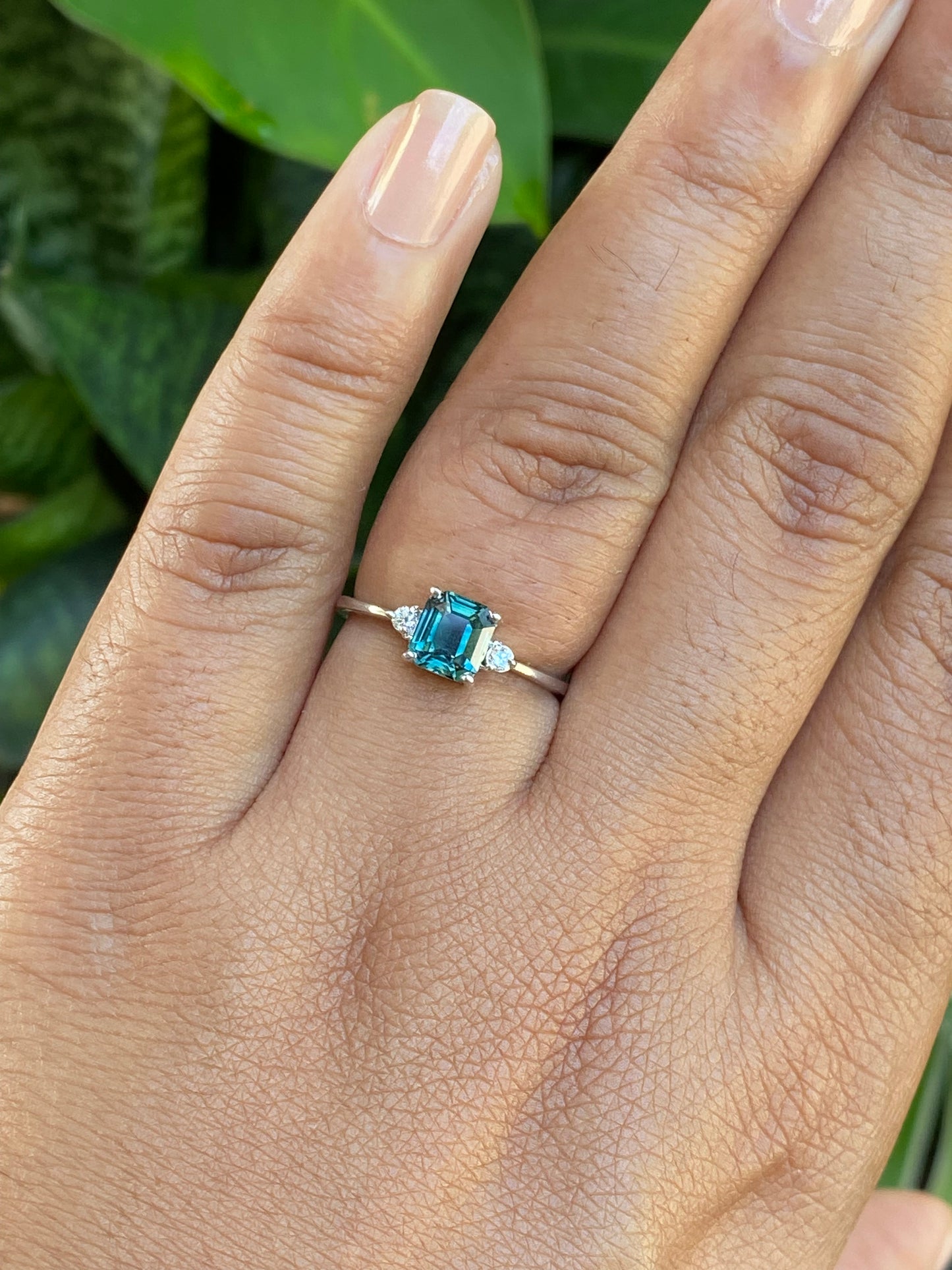 Teal Sapphire three stone Engagement ring 14K White Gold