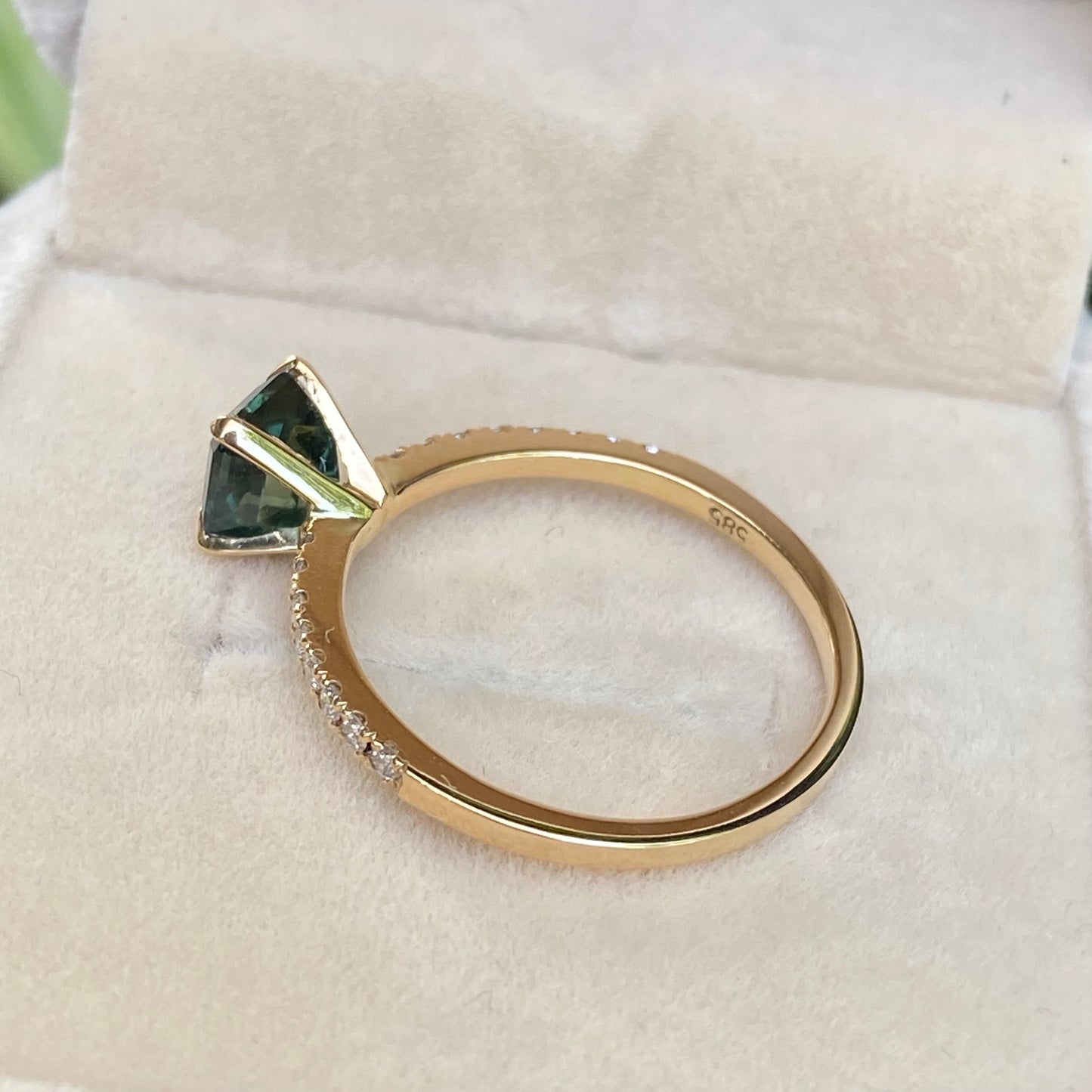 Natural Teal Sapphire Diamond Pave band Engagement Ring