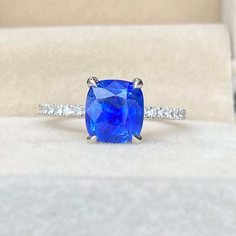Ceylon Blue Sapphire Diamond Engagement Ring 14K White Gold