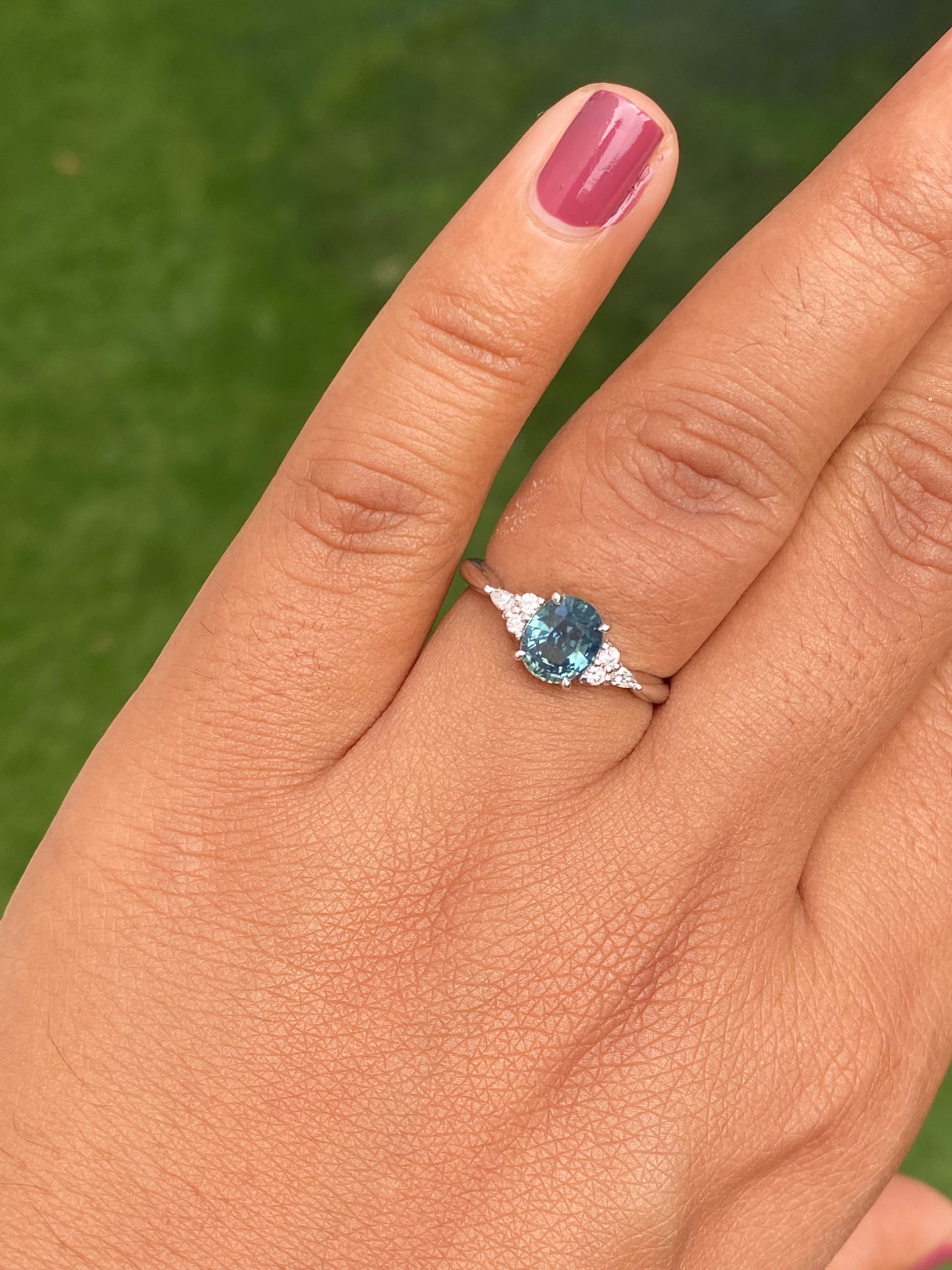 Oval Teal Sapphire Engagement Ring 14K White Gold, Blue Green Sapphire Ring