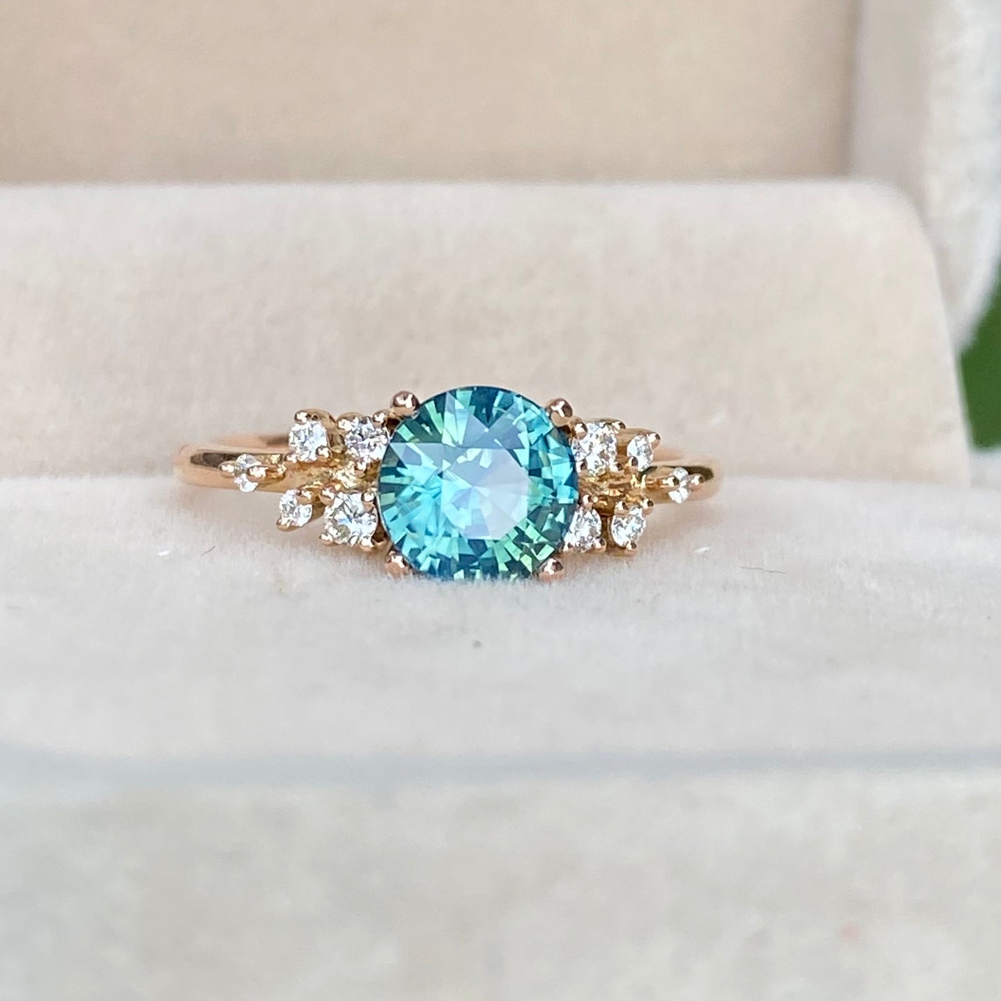 ISARA Round Teal Sapphire Ring 14K Rose Gold, Green Sapphire Engagement Ring