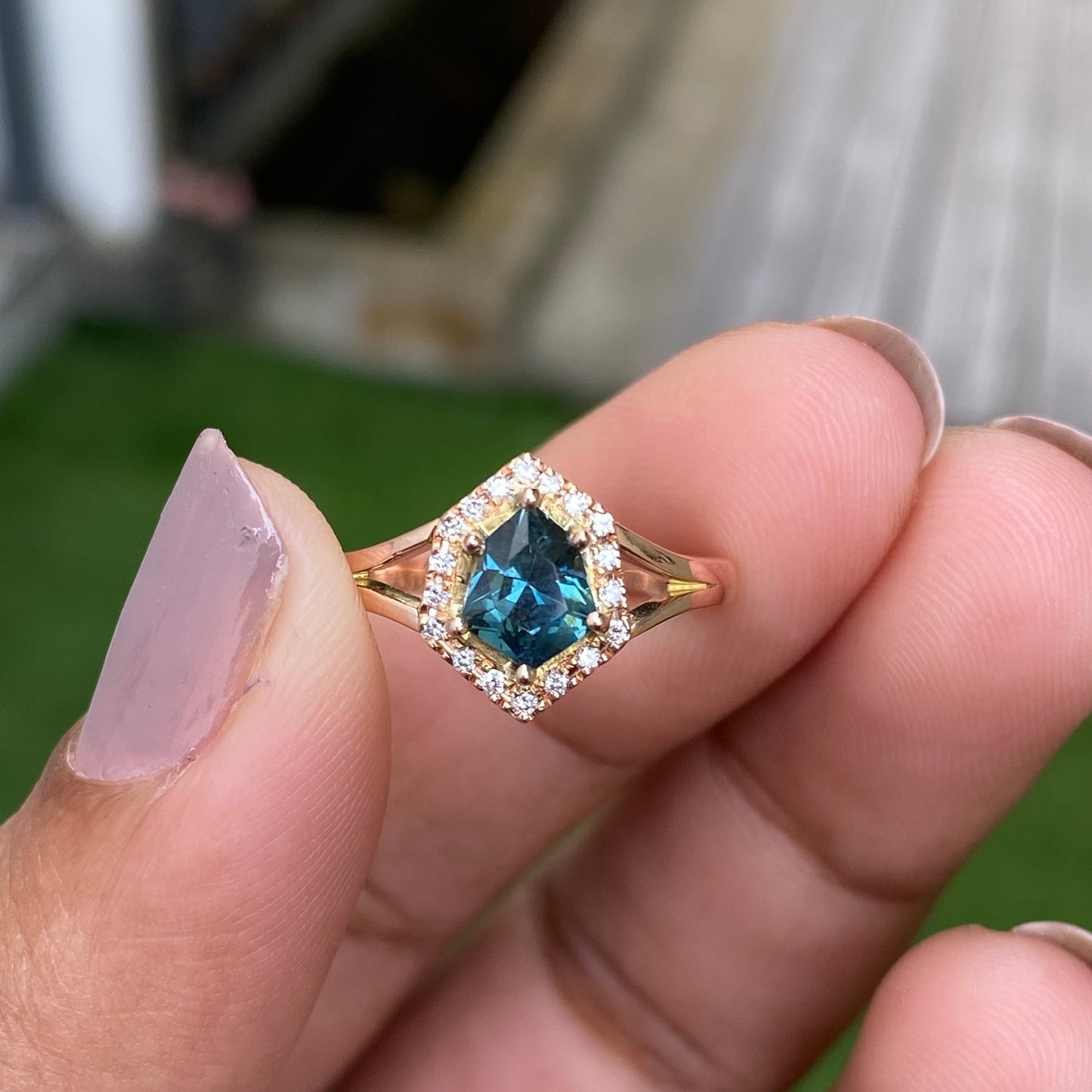 Teal Sapphire Engagement Ring, 14K Rose gold Diamond halo Ring