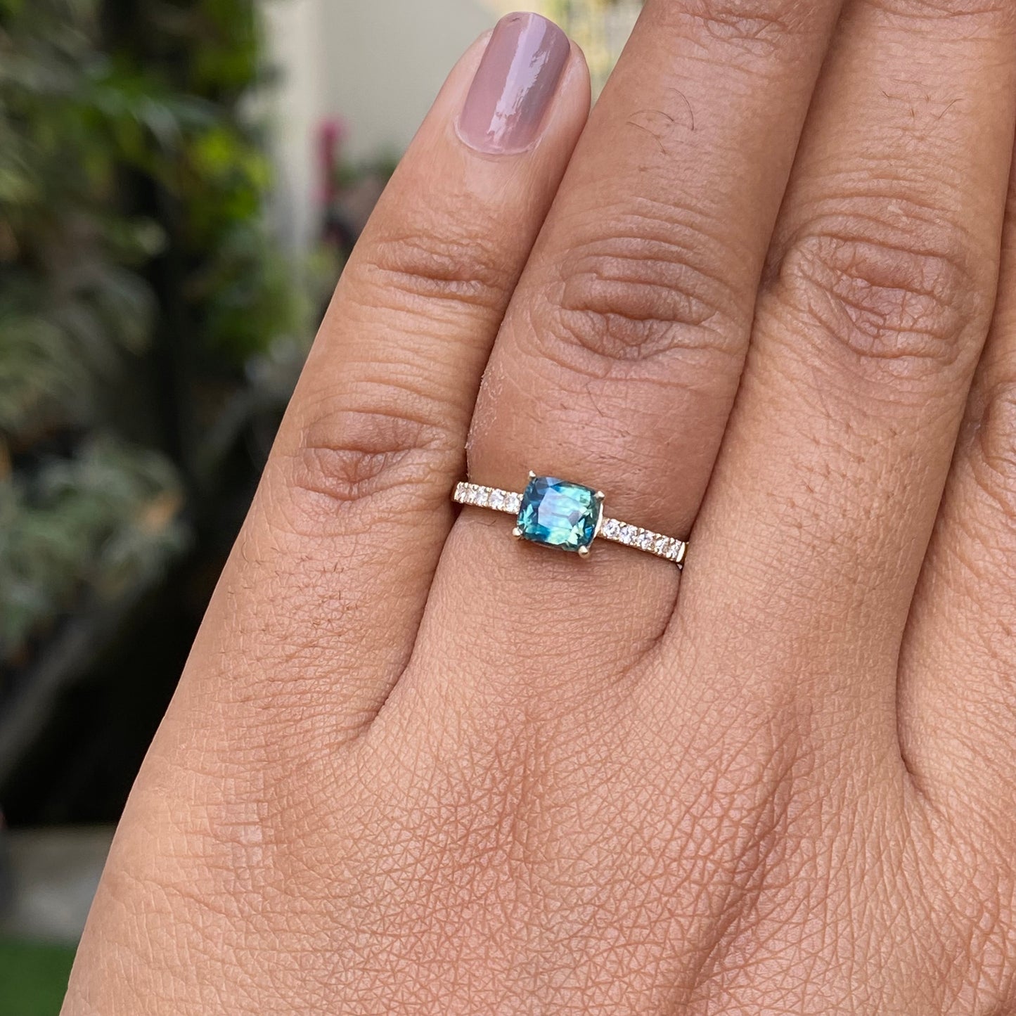 East West Parti Sapphire Engagement Ring 14K Rose Gold / Teal Sapphire Engagement Ring