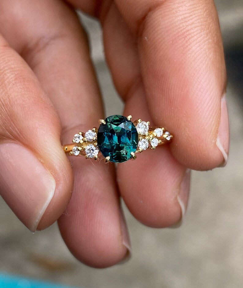 Oval Blue Green Sapphire Diamond cluster Ring 14K Solid Gold