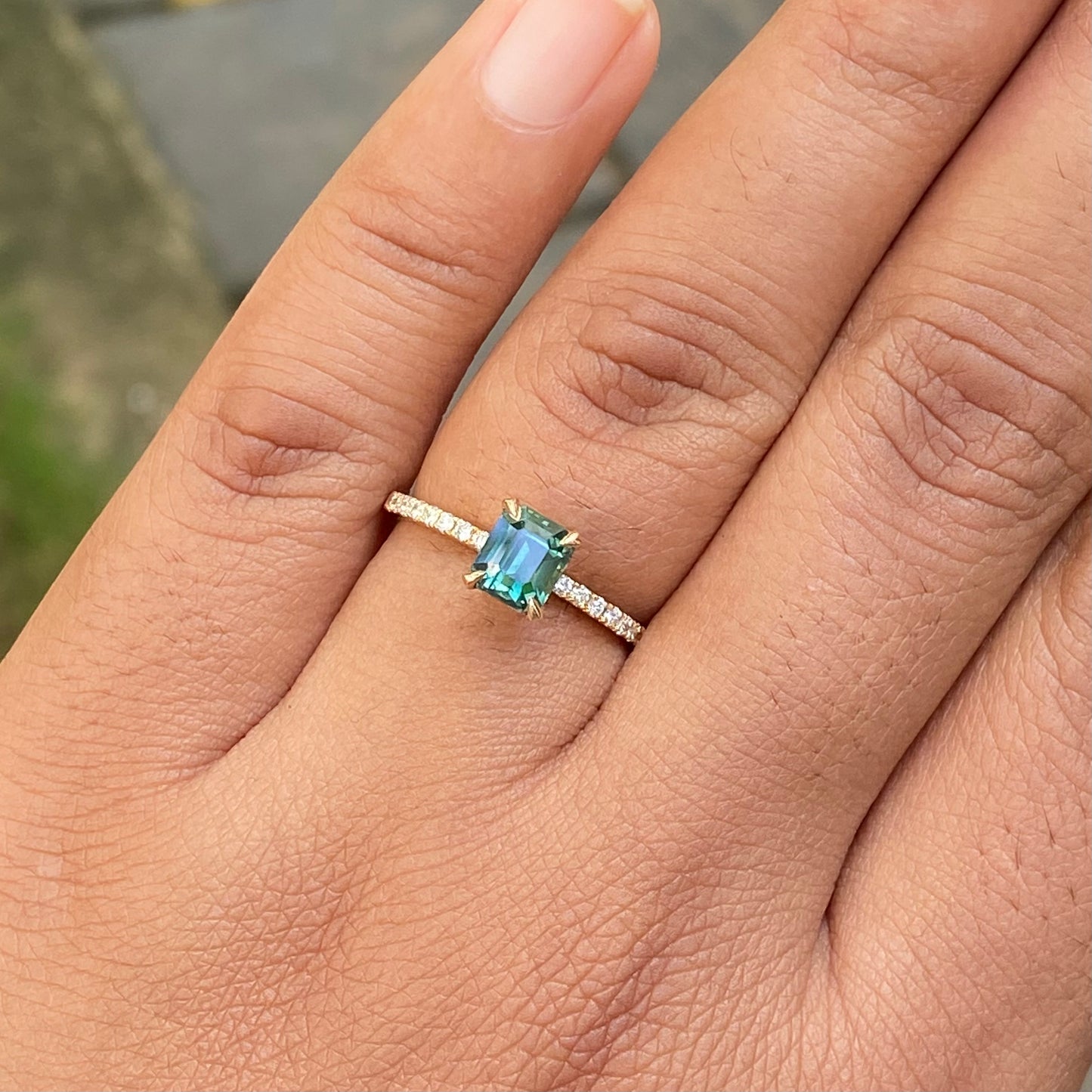 Natural Teal Sapphire Diamond Pave band Engagement Ring