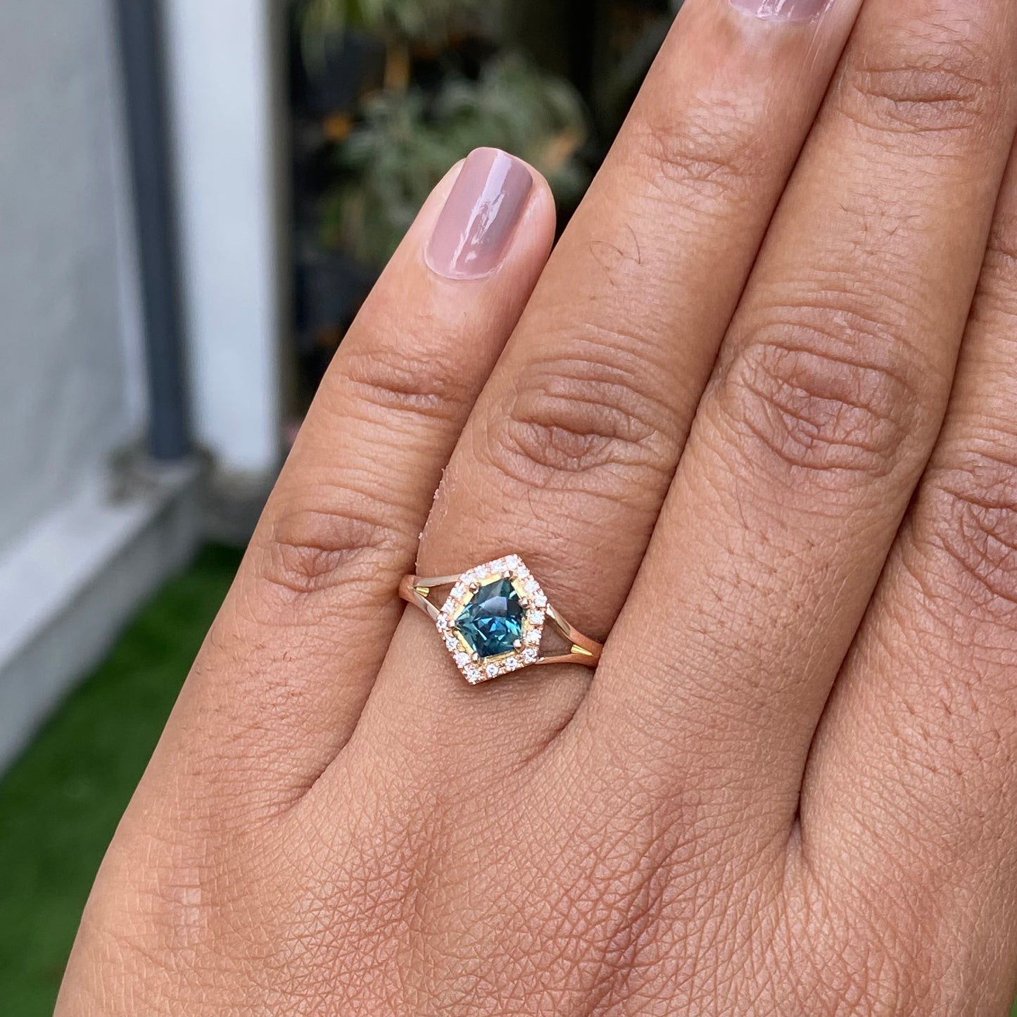 Teal Sapphire Engagement Ring, 14K Rose gold Diamond halo Ring