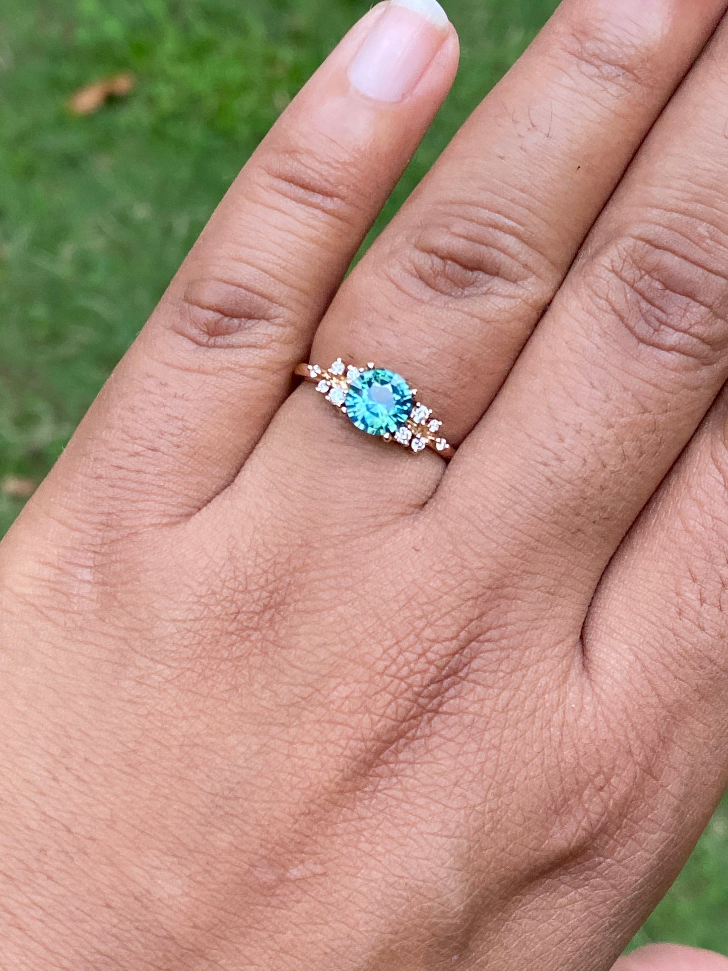 ISARA Round Teal Sapphire Ring 14K Rose Gold, Green Sapphire Engagement Ring
