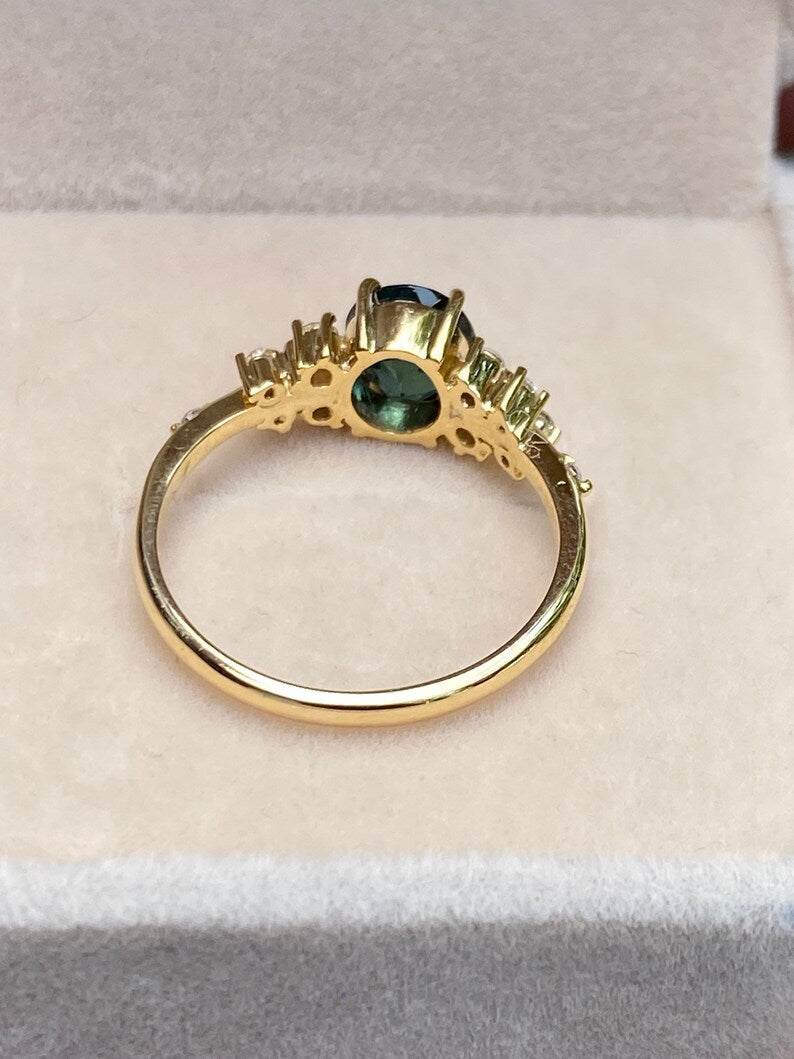 Oval Blue Green Sapphire Diamond cluster Ring 14K Solid Gold