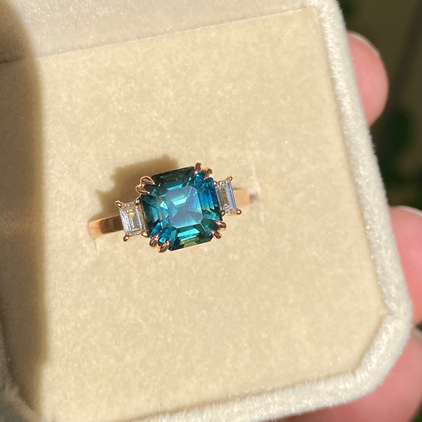 3 carat Teal Sapphire Ring, Baguette Diamond Three Stone Engagement Ring