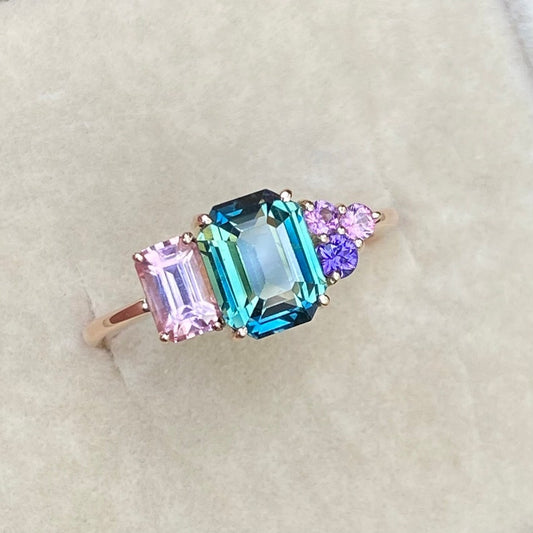 Teal Sapphire Cluster Engagement Ring 14K Rose Gold