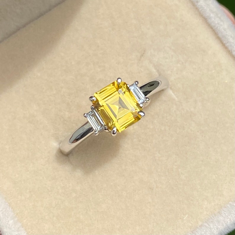 Golden Yellow Sapphire & Diamond Engagement Ring 14K White Gold