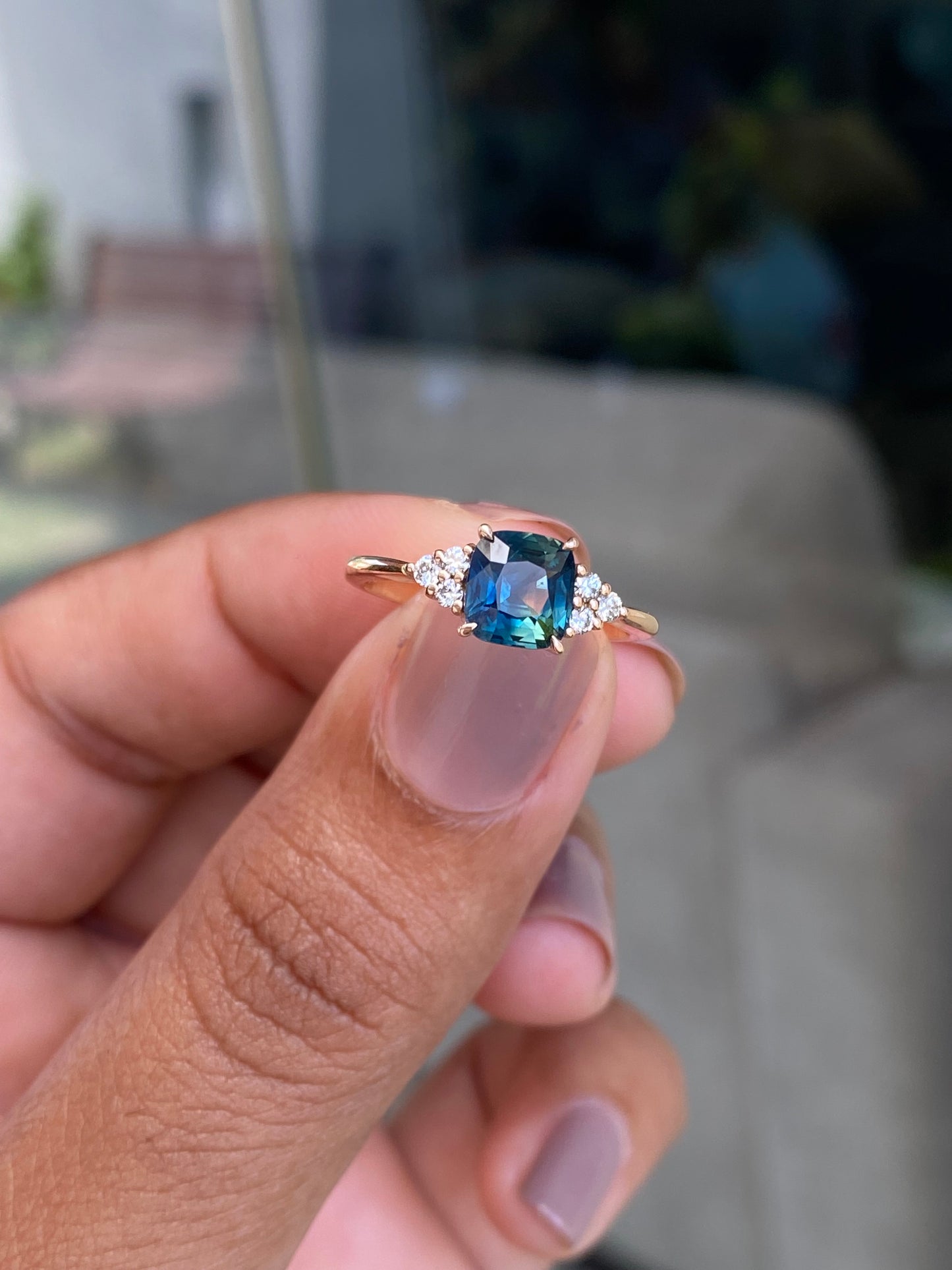 Cushion Cut Teal Sapphire Engagement Ring, Blue Green Sapphire ring