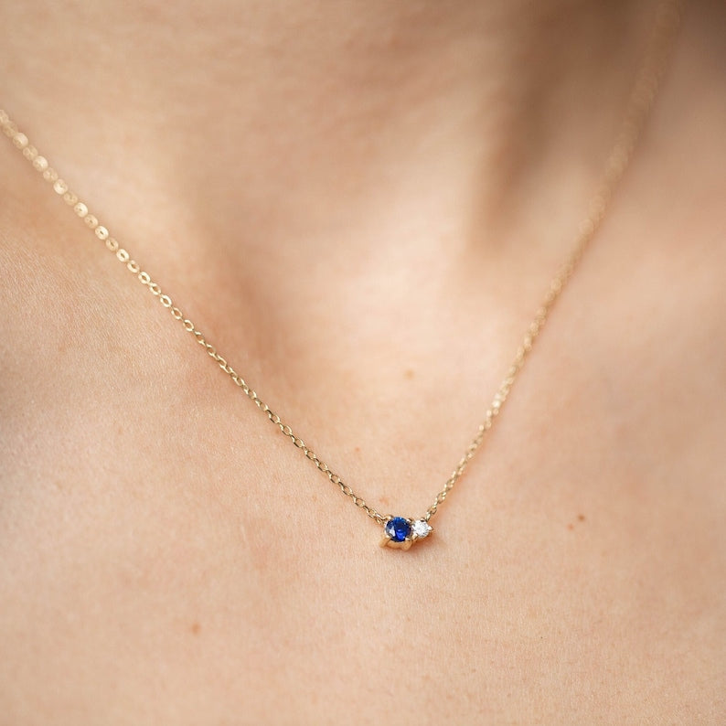 Natural Blue Sapphire dainty necklace, Dainty diamond necklace, Christmas gift for wife.
