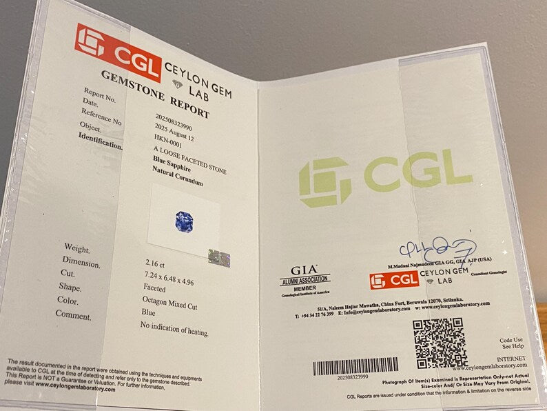Ceylon Gem Lab gemstone report with CGL and GIA logos.