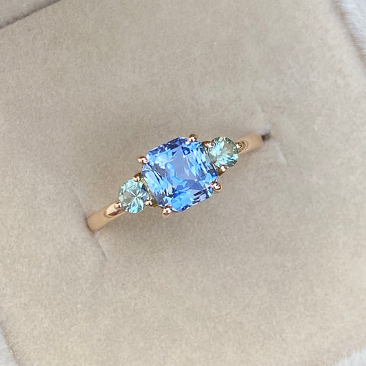 Natural Light Green Sapphire Engagement Ring, Three stone sapphire  anniversary ring