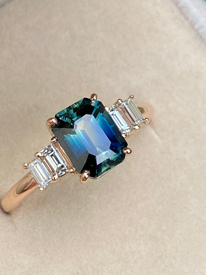 2 carat natural Teal Sapphire Diamond five stone ring