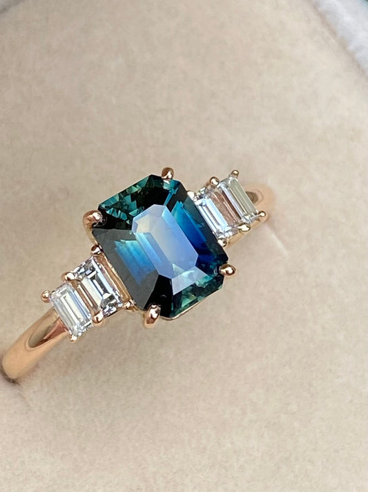 2 carat natural Teal Sapphire Diamond five stone ring