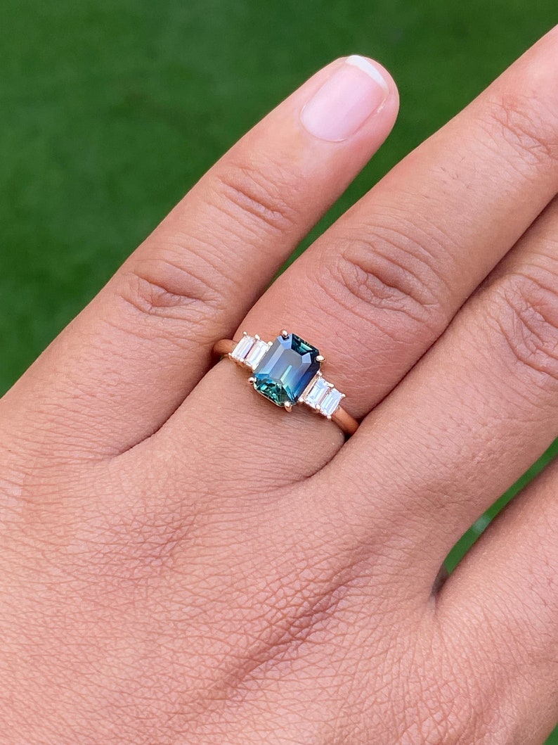 Unheated Blue green Sapphire Diamond Engagement Ring
