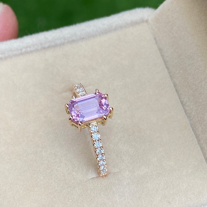 Light Pink Sapphire Engagement Ring / Peach Champagne Sapphire Ring 14K Gold