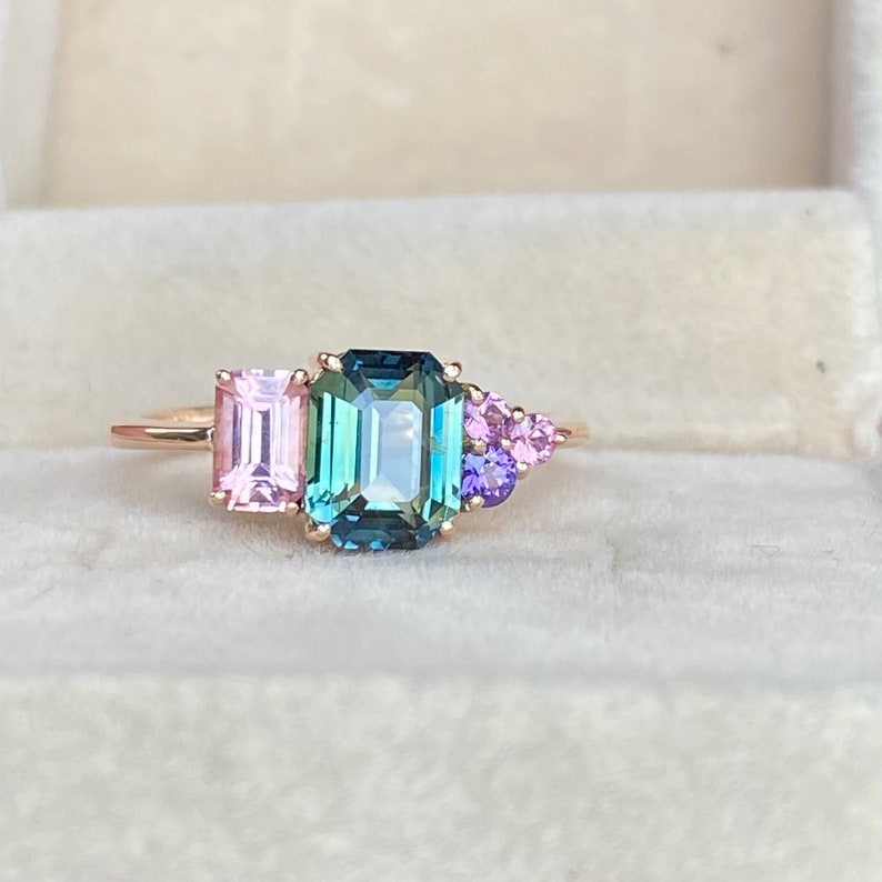 Teal Sapphire Cluster Engagement Ring 14K Rose Gold