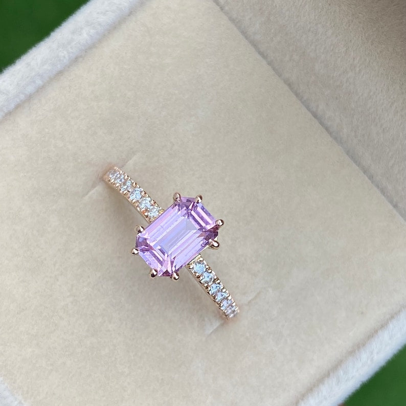 Light Pink Sapphire Engagement Ring / Peach Champagne Sapphire Ring 14K Gold
