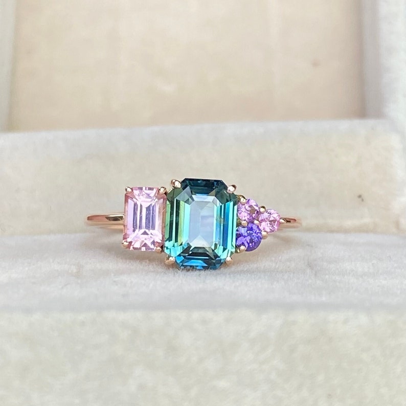 Teal Sapphire Cluster Engagement Ring 14K Rose Gold