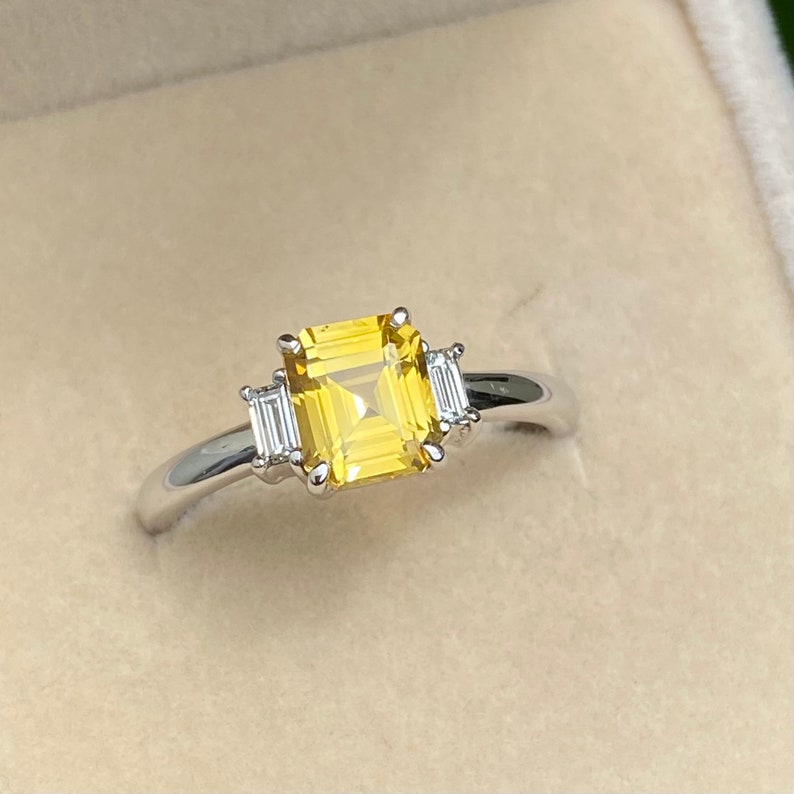 Golden Yellow Sapphire & Diamond Engagement Ring 14K White Gold