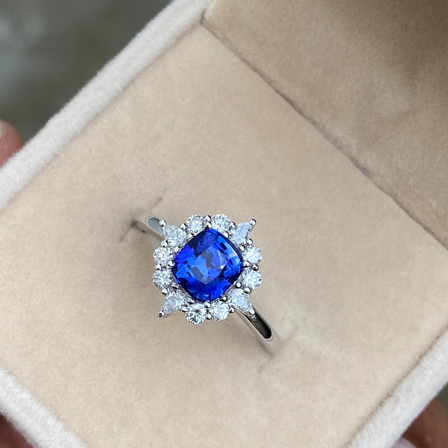 Ceylon Blue Sapphire Ring, Fairy Engagement ring, Blue Sapphire White Gold Ring, Sunburst Diamond Ring