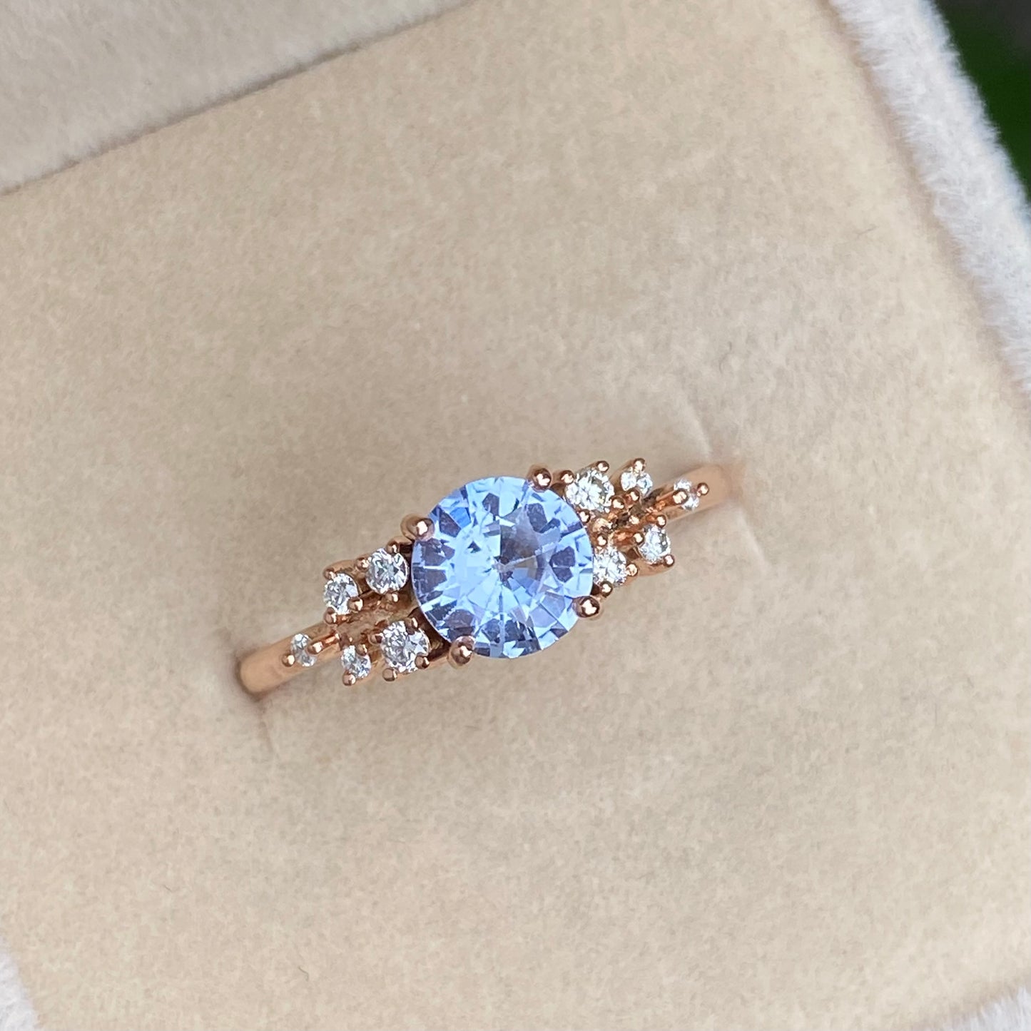 Light Blue Sapphire Diamond cluster ring 14K Rose Gold
